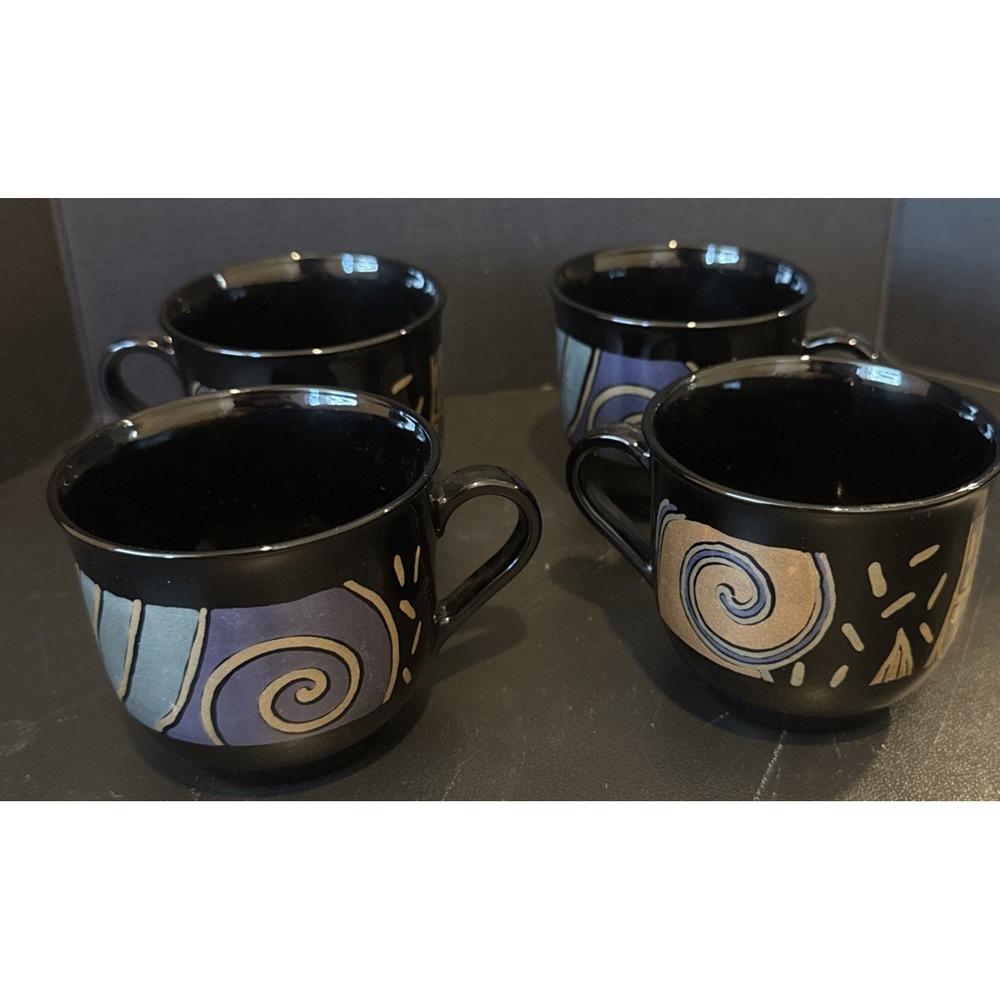 Arcoroc France Tampico Coffee Tea Cup Mug  Black Glass Set Of‎ 4 Vintage 90s Art